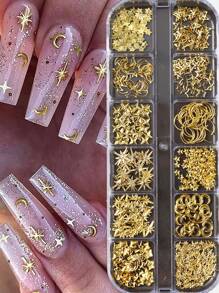 12 Fächer Gold Mond Stern Metallic Nagel Dekoration 3D Y2K Schmuck Strass Stahlkugel Nail Art Dekoration Maniküre Zubehör Diy Nail Gems Nail Zubehör Nägel