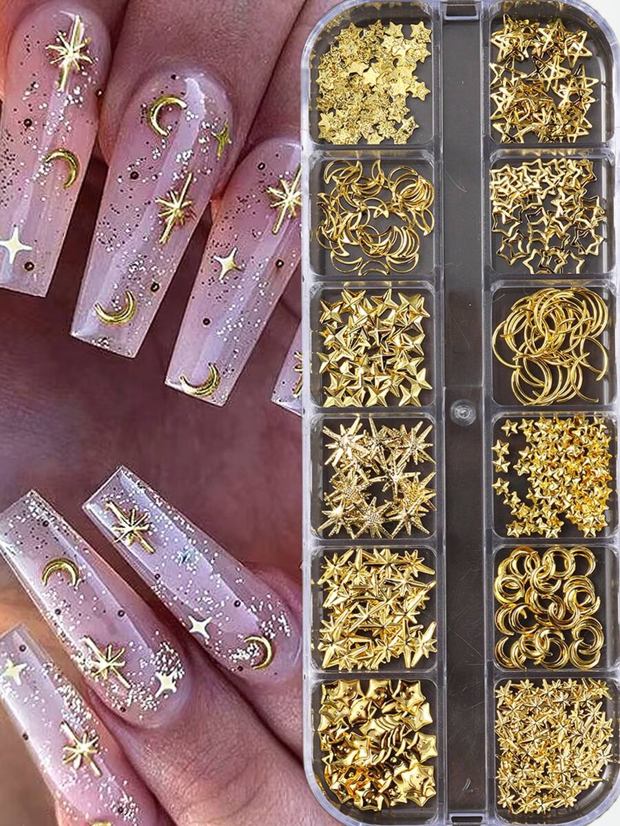 12 Fächer Gold Mond Stern Metallic Nagel Dekoration 3D Y2K Schmuck Strass Stahlkugel Nail Art Dekoration Maniküre Zubehör Diy Nail Gems Nail Zubehör Nägel