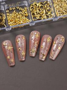 12 Fächer Gold Mond Stern Metallic Nagel Dekoration 3D Y2K Schmuck Strass Stahlkugel Nail Art Dekoration Maniküre Zubehör Diy Nail Gems Nail Zubehör Nägel