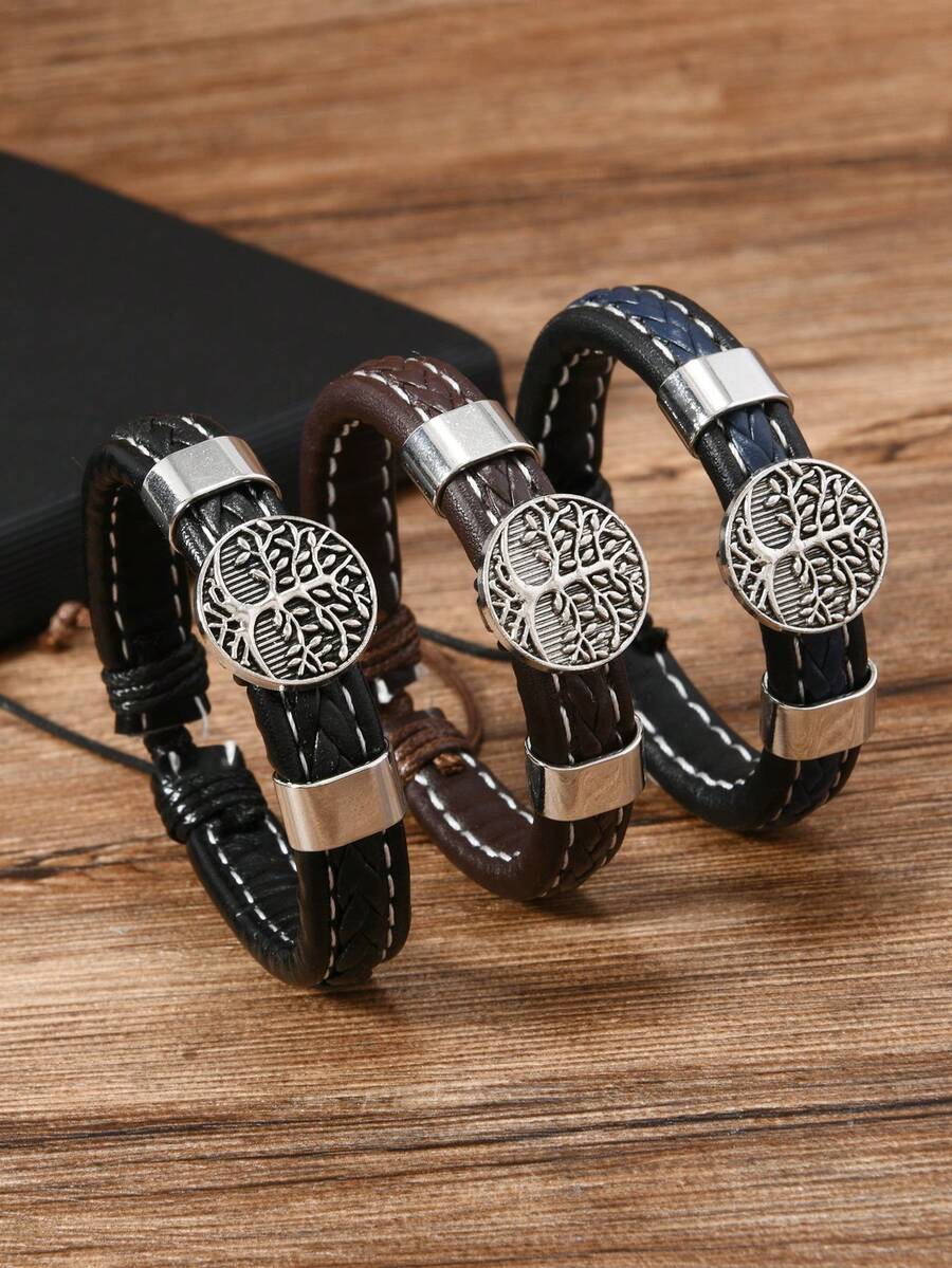 1pc Men Life Tree Braided PU Leather Vintage Style Casual Bracelet SHEIN USA