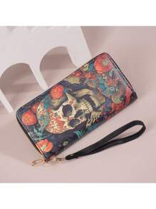 Billetera vintage de Halloween 2024 Nuevo diseño de moda Billetera con forma de calabaza de cierre Estampado Billetera de mujer de gran capacidad Portacartas para mujer Billetera Monedero Billetera larga Billetera con muñequera - Negro - Ver 4