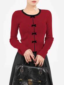 3D Bow Decor Contrast Color Classy Flattering Slim Fit Sweater For Women, Autumn, For Daily, Dating,Commuting, Christmas, Long Sleeve Tops - Red - View 4