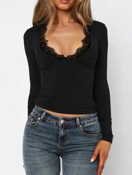 Damen modischer, sexy anliegender Spitzen-Trim V-Ausschnitt Crop Langarm Top, Y2K Stil, Herbst/Winter, Weihnachten Schwarz Frühling