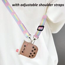 3D Cartoon Smiling Pearl Milk Tea Coffee Cup Drop-Proof Keychain Silicone Earphone Protective Case Set, Compatible With Apple AirPods 1/2/Pro/3, Freebuds - Khaki - View 3