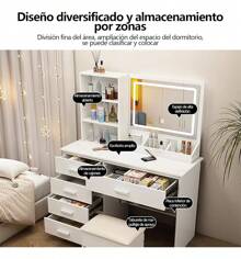 Tocador Compacto Moderno Con Espejo 5 Cajones 4 Repisas Led - Blanco - Ver 2