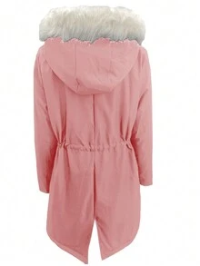 Kvinnor Front Dragkedja Långärmad ficka Hooded Pälskrage Jacka, Casual Everyday Wear, Jul - Rosa - Visa 2