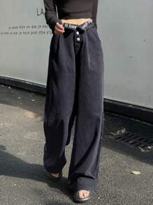 字母印花纽扣休闲阔腿牛仔裤，日常穿着