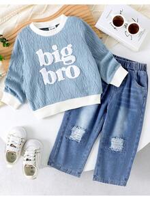 Bộ 2 món/Bộ áo dài tay giản dị thanh lịch cho bé gái mới biết đi + quần jeans denim, mùa thu/đông - Màu xanh lam - Xem 1