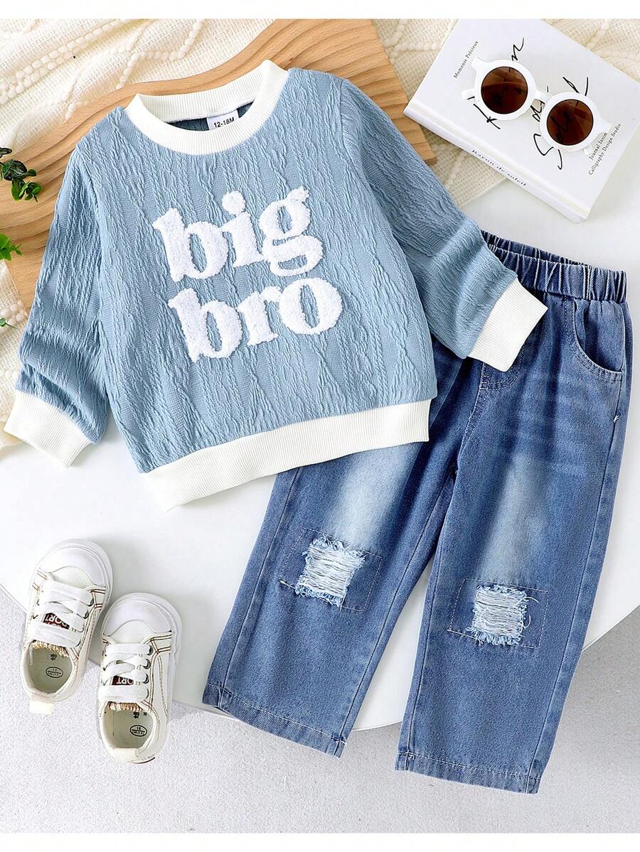 Bộ 2 món/Bộ áo dài tay giản dị thanh lịch cho bé gái mới biết đi + quần jeans denim, mùa thu/đông - Màu xanh lam - Xem 1