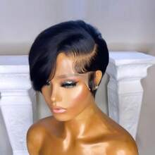 13*4*1 T-Part Lace Front Wig, Pixie Short Hair Wig, Human Hair Wig, 8 Inch Women's Glueless Bobbed Wig, Lace Front Short Layered Pixie Straight Hair Wig, Natural Black Short Pixie Hair Wig With Bangs, Side Part Pixie Short Hair Wig - Black - View 3