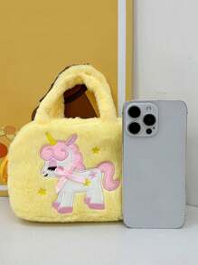 1pc Zipper Closure, Fashionable Children's Cartoon Unicorn Five-Pointed Star Handbag, Plush Square Shoulder Bag, Kindergarten Girl Crossbody Small Square Bag, Cute Girl Gradient Bag, Comfortable And Adjustable Shoulder Strap, Versatile And Suitable For And Playing, Daily School Use, Perfect Gift For Children