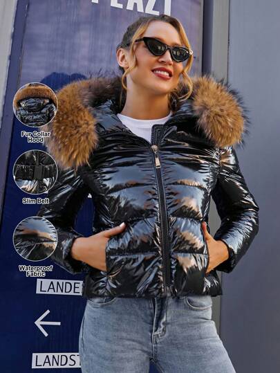 ZIAI ZIAI Women Casual Solid Color Shiny Winter Coats New Fashion Belt Slim Thick Coats Women's Winter Coat Short Women's Padded Coat With Faux Fur Collar, Stylish For Vacation