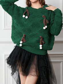 Christmas Bow Decor Long Sleeve Knit Pullover Sweater - Green - View 1