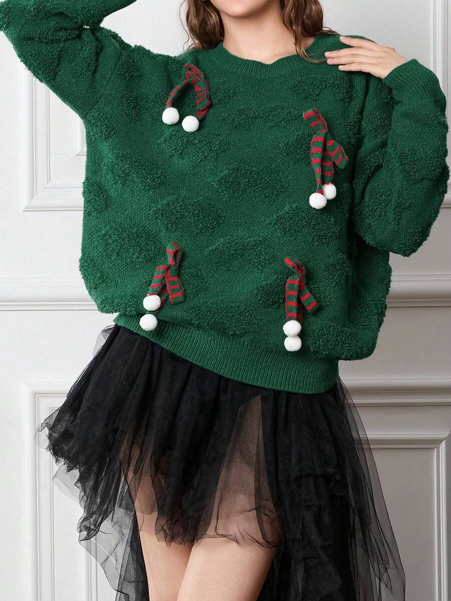 Christmas Bow Decor Long Sleeve Knit Pullover Sweater - Green - View 1