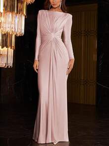 Vestido Longo de Manga Longa Franzido em Rosa para Outono e Inverno - Rosa chiclete - Visão 3