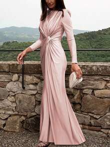 Vestido Longo de Manga Longa Franzido em Rosa para Outono e Inverno - Rosa chiclete - Visão 5