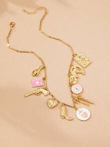 1 件多饰项链、漂亮心形盒式饰物项链、牛仔靴马蹄蝴蝶结装饰个性项链情人节