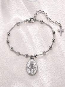 1pc Fashion 18K Silver-Tone Vacuum Plated Stainless Steel Virgin Mary Pearl Decor Ladies Bracelet