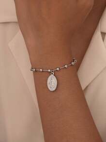 1pc Fashion 18K Silver-Tone Vacuum Plated Stainless Steel Virgin Mary Pearl Decor Ladies Bracelet