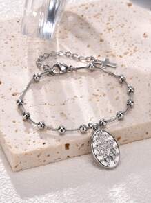1pc Fashion 18K Silver-Tone Vacuum Plated Stainless Steel Virgin Mary Pearl Decor Ladies Bracelet