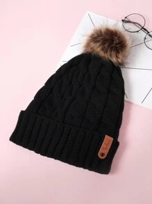 1pc Women Leather Patch Knitted Hat, Thick And Warm Winter Knitted Cap, Fashion Outdoor Hat