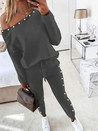 女士 2 件套休闲纯色长袖上衣和裤子套装