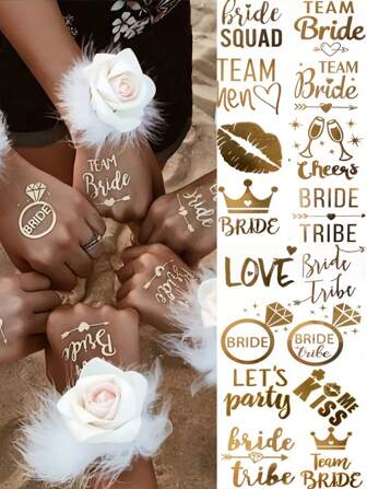 16 Sheets Bride Tribe Fake Flash Metallic Tattoo Stickers Cheers Bachelorette Tattoos For Women Adults Bridesmaid Favor Party Decorations Design Of Heart Kiss Valentine Day