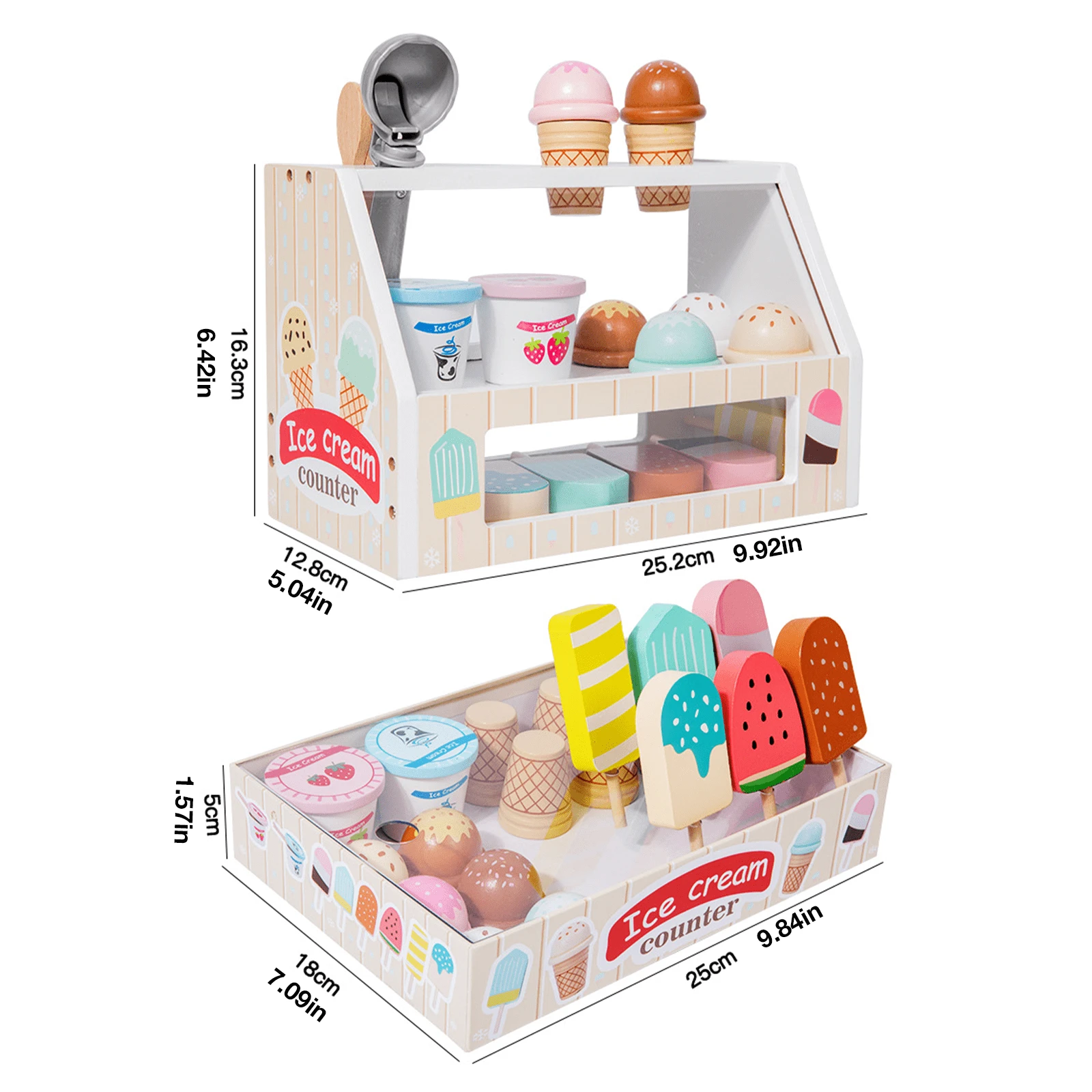 木製アイスクリームスクープ&カウンター 遊び用フード&アクセサリー 擬似フードおもちゃ、アイスクリーム屋さんごっこ6歳以上向けおもちゃ