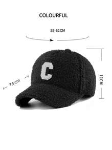 1pc Unisex Plain Letter C Embroidered Fleece Warm Baseball Cap, Fluffy Sherpa Snapback Hat For Students, Casual Street Style, Autumn/Winter, Couple/Outdoor Sports