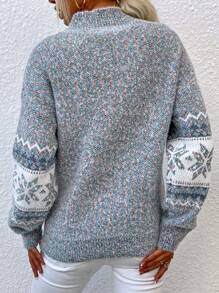 女士针织毛衣，秋冬新款欧美风高领雪花图案雪尼尔套头衫，优雅 - 灰色 - 查看 5
