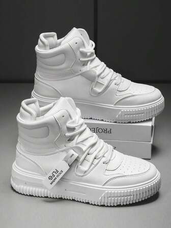 Men 2024 Autumn/Winter New Casual Sneakers, High-Top Board Shoes Unisex High-Top Lace-Up Leather Thick Sole Non-Slip Wear-Resistant Versatile White Casual Shoes, Outdoor Walking Personalized Street Style Fashion Black Leather Boots, Men Women Youth Retro Round Toe White Skateboard Shoes, Couples Party Campus Versatile Sneakers, Men's Plush Lining Warm Snow Boots