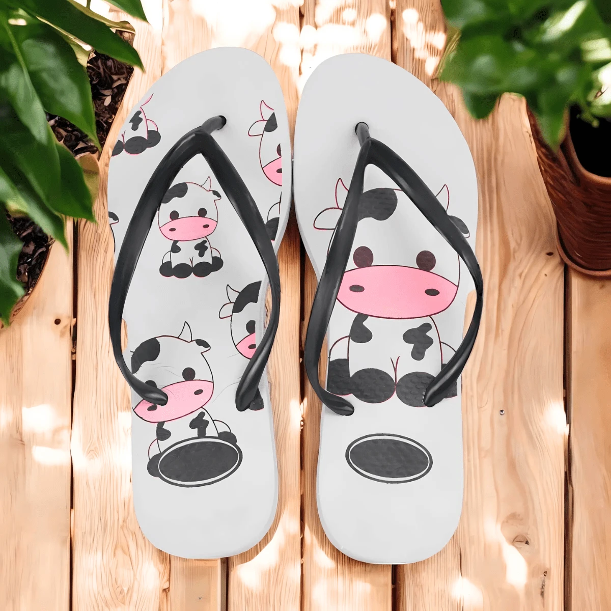 Cow Flip Flops For Women Adults Comfortable Slin Sandal New Release - 黑與白 - 查看 1