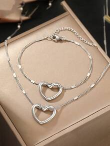 Set de 2 piezas de colgante en forma de corazón hueco de acero inoxidable + conjunto de joyas de pulsera, de moda y adecuado para uso diario, regalo
