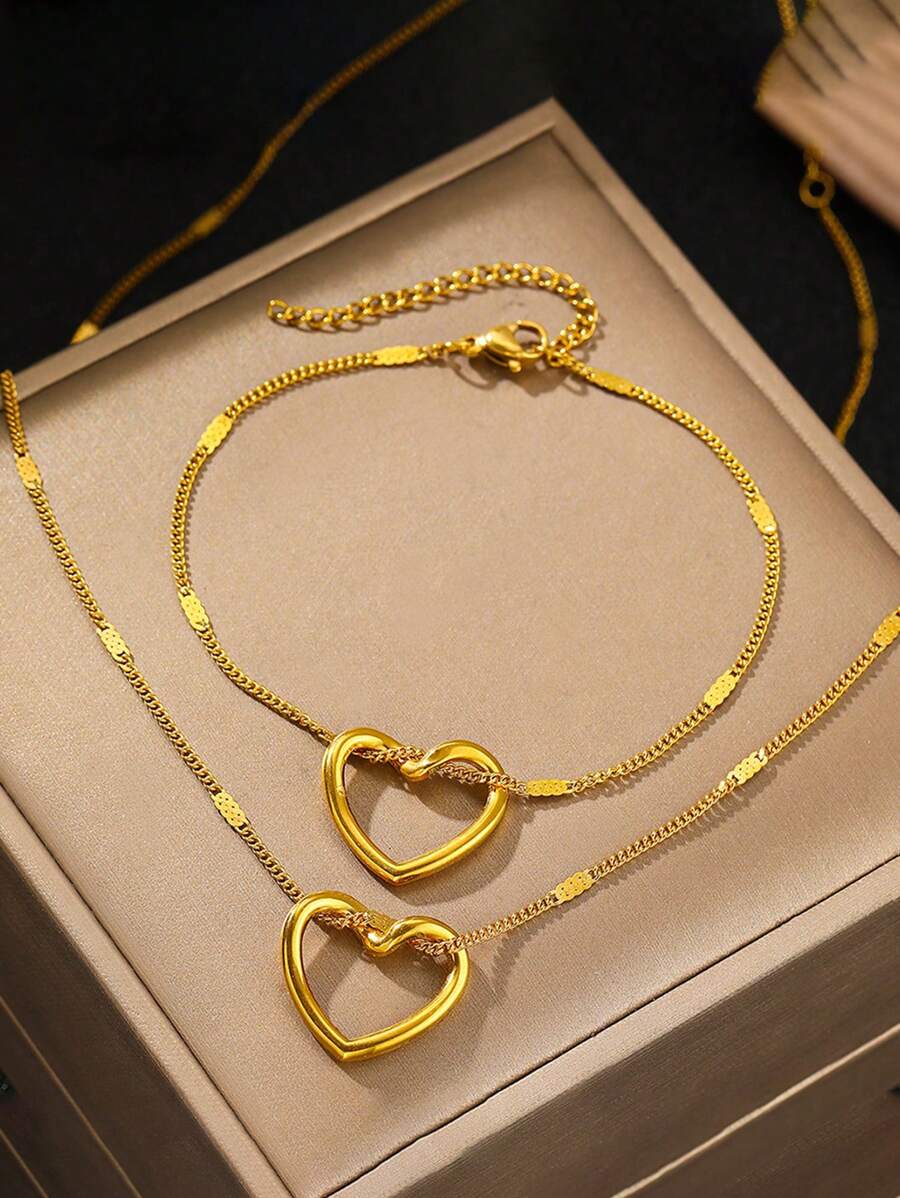 Set de 2 piezas de colgante en forma de corazón hueco de acero inoxidable + conjunto de joyas de pulsera, de moda y adecuado para uso diario, regalo