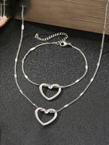 Set de 2 piezas de colgante en forma de corazón hueco de acero inoxidable + conjunto de joyas de pulsera, de moda y adecuado para uso diario, regalo