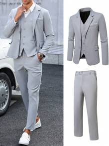 3pcs Men Spring/Autumn Versatile Casual Suit Set, Includes Jacket, Pants And Vest - Grey - View 2