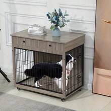 Dog Crate Furniture, Wooden Dog Crate End Table, 38.4 Inch Dog Kennel With 2 Drawers Storage, Heavy Duty Dog Crate, Decorative Pet Crate Dog Cage For Large Indoor Use (Rustic Brown/Grey) 38.4" L*23.2" W*35 - 灰色 - 查看 1