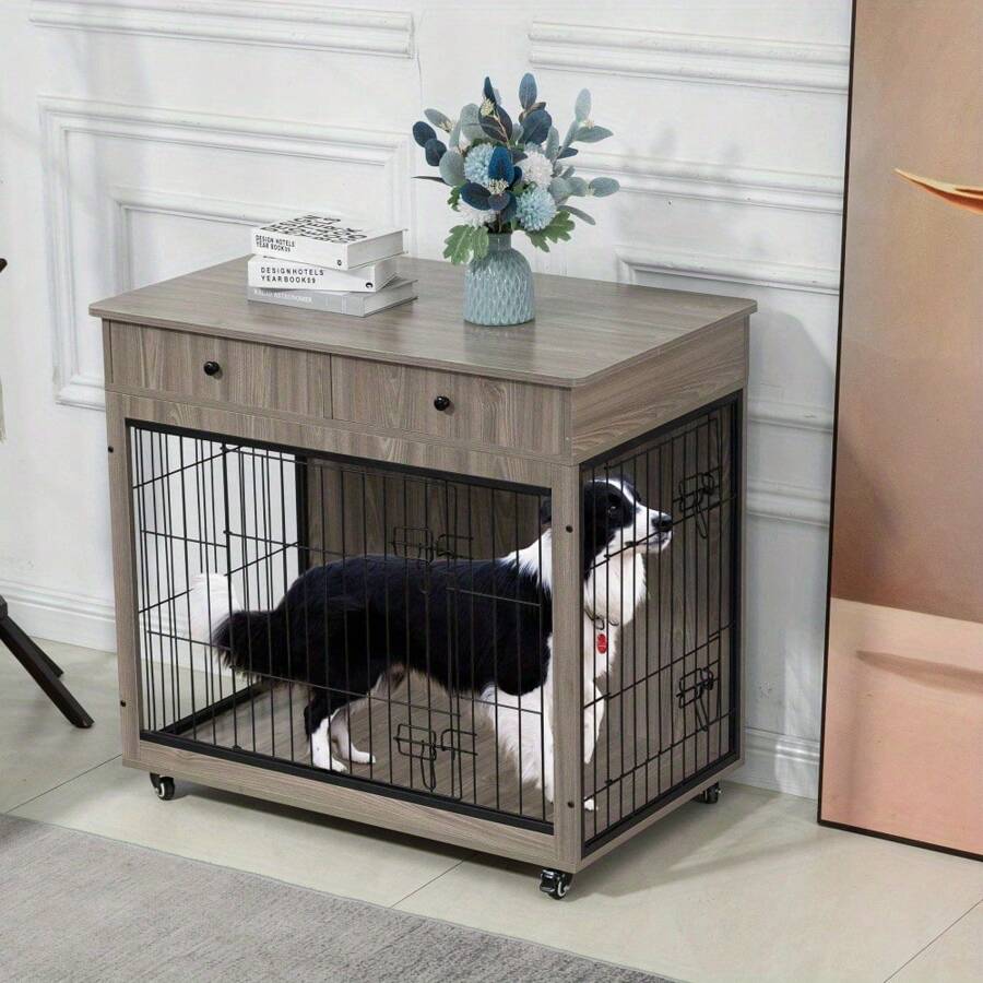 Dog Crate Furniture, Wooden Dog Crate End Table, 38.4 Inch Dog Kennel With 2 Drawers Storage, Heavy Duty Dog Crate, Decorative Pet Crate Dog Cage For Large Indoor Use (Rustic Brown/Grey) 38.4" L*23.2" W*35 - 灰色 - 查看 1