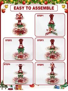 1pc 3-Tier Christmas Paper Cake Display Stand Holder, Red And Green Santa Claus Penguin Pattern For Xmas,Table Decoration,Christmas Decoration,Home Decor,Christmas Party Supplies,Christmas Ornament ,Easy To Assemble,Cupcake Dessert Table Decor,Merry Christmas,Christmas Decoration,Xmas Decor