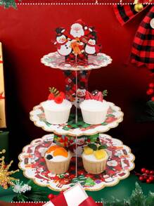 1pc 3-Tier Christmas Paper Cake Display Stand Holder, Red And Green Santa Claus Penguin Pattern For Xmas,Table Decoration,Christmas Decoration,Home Decor,Christmas Party Supplies,Christmas Ornament ,Easy To Assemble,Cupcake Dessert Table Decor,Merry Christmas,Christmas Decoration,Xmas Decor