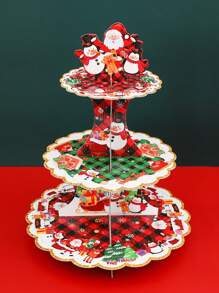 1pc 3-Tier Christmas Paper Cake Display Stand Holder, Red And Green Santa Claus Penguin Pattern For Xmas,Table Decoration,Christmas Decoration,Home Decor,Christmas Party Supplies,Christmas Ornament ,Easy To Assemble,Cupcake Dessert Table Decor,Merry Christmas,Christmas Decoration,Xmas Decor