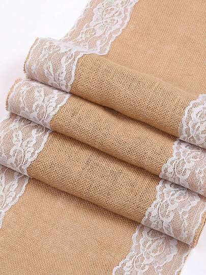 1pc Rustic Burlap Table Runner With Vintage Lace, Natural Coarse Linen Jute Table Runner For Wedding Dining Decoration, Farmhouse Style Table Decor, Room Decorations