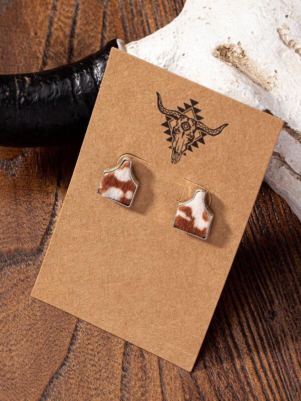 1 Pair Western Style Cow Cattle Tag Shape Cowhide Leather Stud Earring Blue Turquoise Jewelry