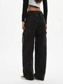 Teen Girl Loose Fit Multi Pockets Utility Cargo Pants, Straight Leg Simple Wide Leg Trousers - Black - View 10