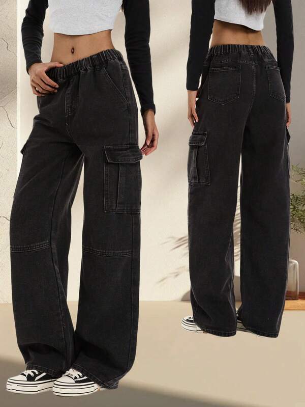 Pantalones cargo de utilidad con varios bolsillos y ajuste suelto para adolescentes, pantalones rectos de pierna amplia y sencillos