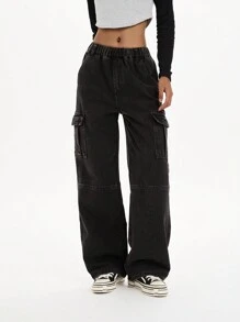 Teen Girl Loose Fit Multi Pockets Utility Cargo Pants, Straight Leg Simple Wide Leg Trousers - Black - View 9