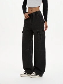 Teen Girl Loose Fit Multi Pockets Utility Cargo Pants, Straight Leg Simple Wide Leg Trousers - Black - View 5