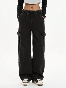 Teen Girl Loose Fit Multi Pockets Utility Cargo Pants, Straight Leg Simple Wide Leg Trousers - Black - View 4