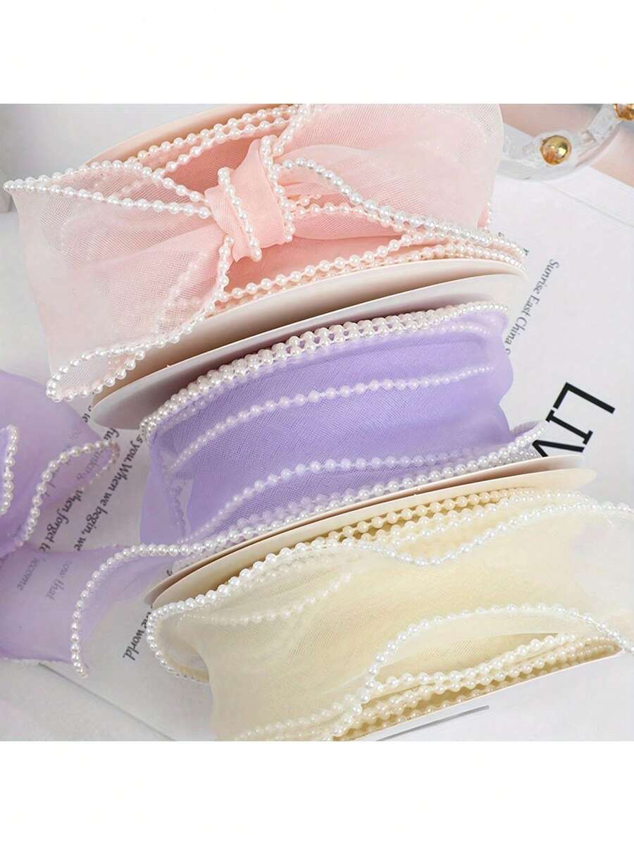 1 件 6 厘米仿珍珠薄纱丝带手工蝴蝶结花束包装装饰 - 多色 - 查看 1