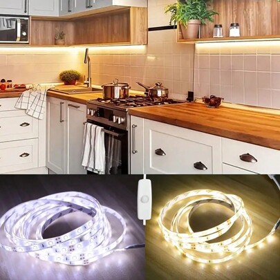 1 pezzo Striscia LED flessibile con interruttore a pulsante, luci LED decorative per ambienti autoadesive - adatte per casa, camera da letto, specchio da toeletta, cucina, soggiorno, studio, guardaroba, non impermeabile, luce bianca/calda